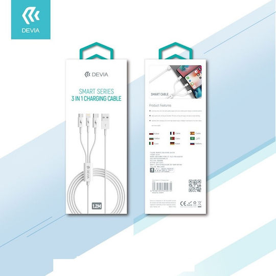 Devia Regular USB to Lightning / Type-C / micro USB Cable Λευκό 1.2m DVCB-329975