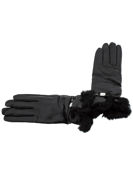 Guy Laroche Μαύρα Γυναικεία Δερμάτινα Γάντια με Γούνα
