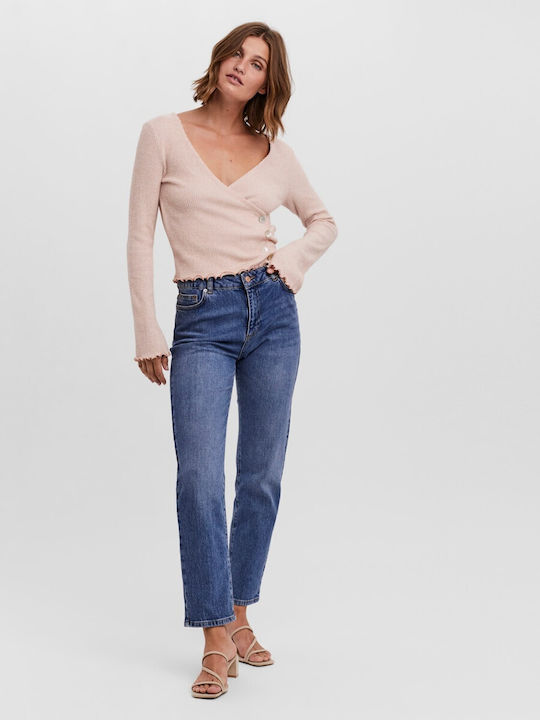 Vero Moda Women's Crop Top Long Sleeve with V Neck Pink