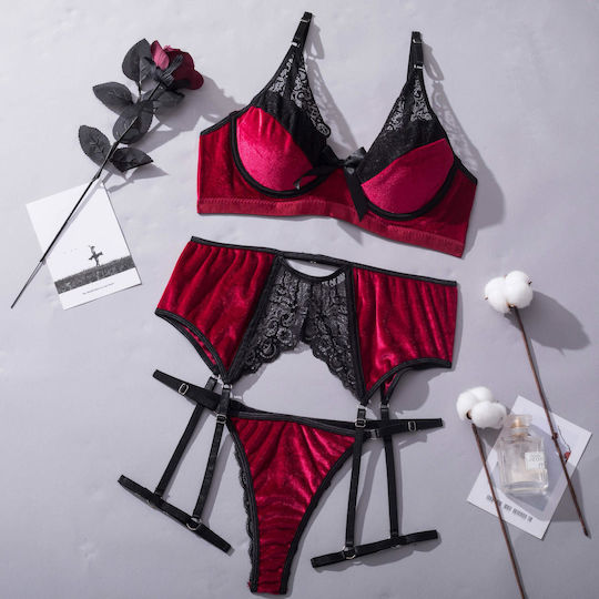 La Lolita Amsterdam Sexy Σετ Εσωρούχων με Δαντέλα & Ζαρτιέρες Μπορντό