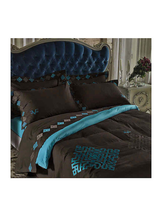 SB Home Duvet Cover Set Cotton Satin King with 2 Pillowcases 230x250 10.00071 Brown / Turquoise