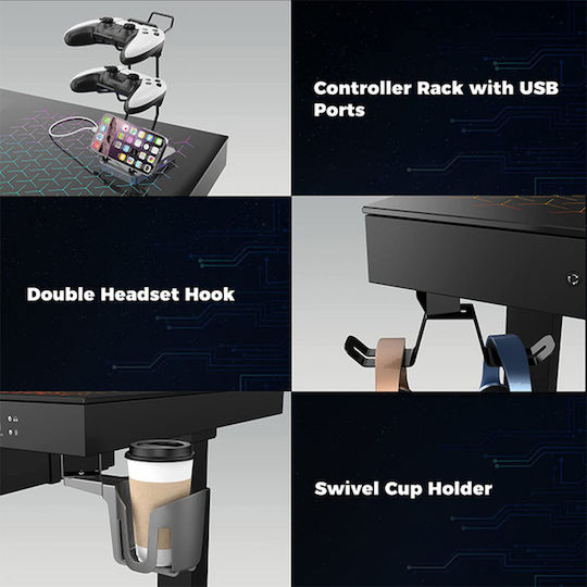 Gaming Office ERK-GD-I55-B Glass Black with Metal Legs, Adjustable Height & LED 140x70x73cm