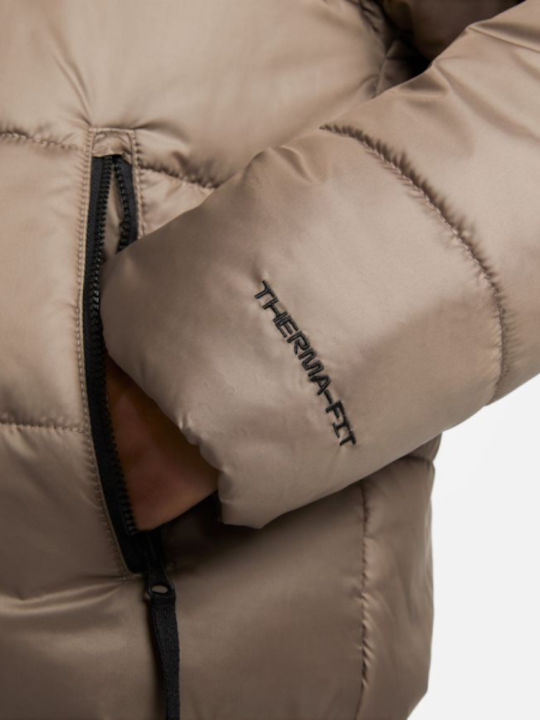 Women's Short Puffer Jacket for Winter with Hood Brown