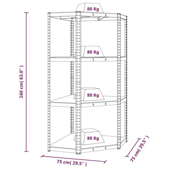 vidaXL Γωνιακή Ραφιέρα Dexion Γαλβανιζέ 75x75x160εκ. με 4 Ράφια Συνολικής Αντοχής 320kg