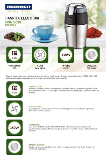 Heinner Râșniță electrică pentru cafea 150W cu capacitate de boabe 50gr Argintiu