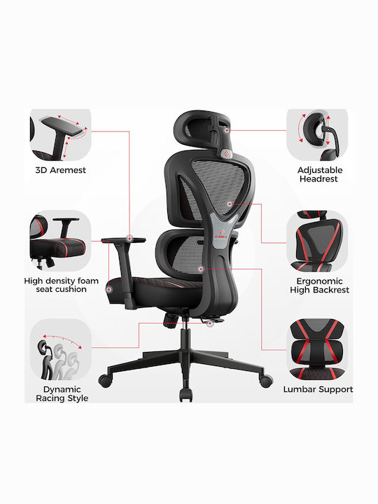 Eureka Ergonomic Norn Καρέκλα Gaming Δερματίνης με Ρυθμιζόμενα Μπράτσα Κόκκινη