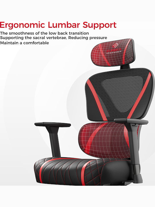 Eureka Ergonomic Norn Καρέκλα Gaming Δερματίνης με Ρυθμιζόμενα Μπράτσα Κόκκινη