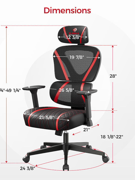 Eureka Ergonomic Norn Καρέκλα Gaming Δερματίνης με Ρυθμιζόμενα Μπράτσα Κόκκινη