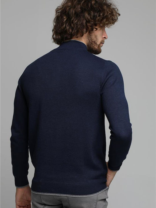 Double Men's Long Sleeve Sweater with Zipper Indigo Melange