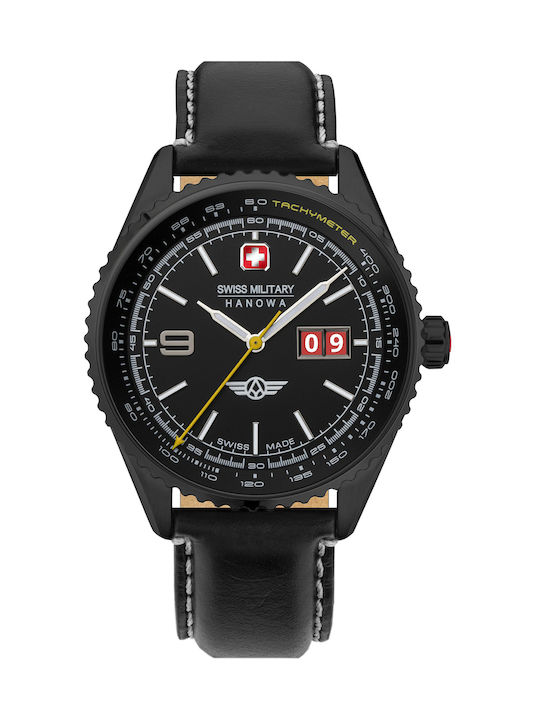 Swiss Military Hanowa Watch Chronograph Battery with Black Leather Strap