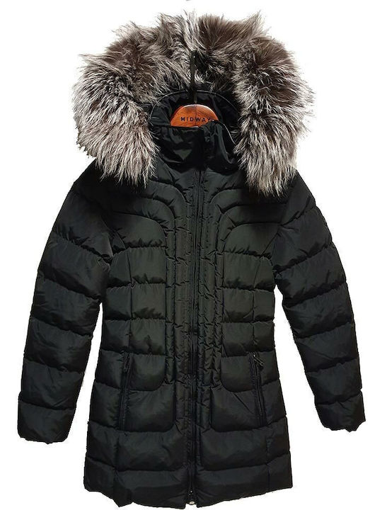 Astoria Long Women's Puffer Jacket with Furry Hood for Winter Black