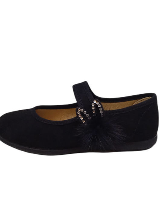 Kids Suede Ballerinas with Hoop & Loop Closure Black