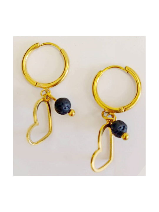 Handmade golden steel hoop earrings with heart motif and black lava stone (tatu moyo) 3113-722X1