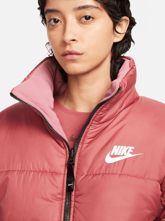 Sportswear Women's Short Puffer Jacket Double Sided Waterproof for Winter Red