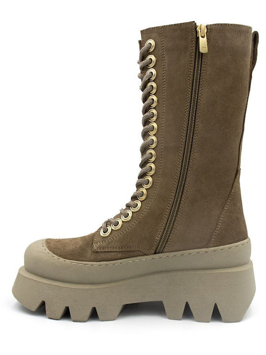 Suede Medium Heel Women's Boots with Laces / Zipper Silvy Beige