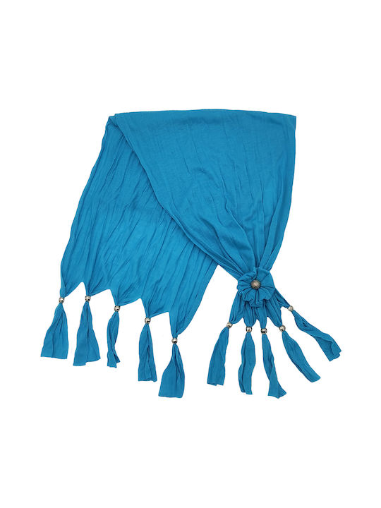 Women's scarf with fringes and beads Light blue code 3586