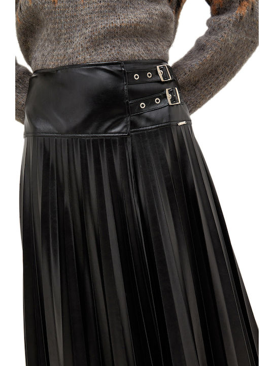 Pleated High-waisted Midi Skirt Black