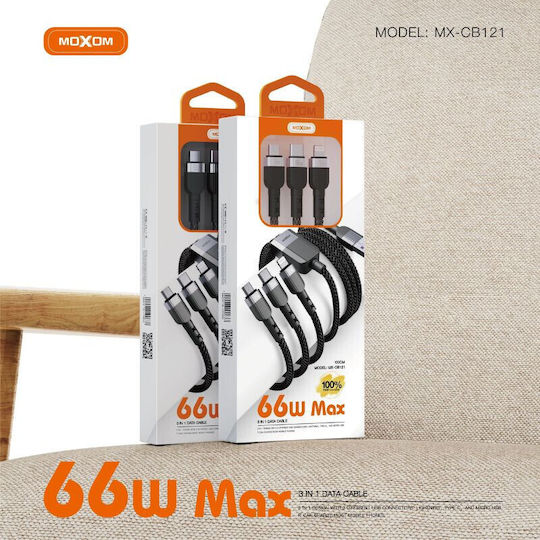 Moxom Magnetic USB to Lightning / Type-C / micro USB Cable Μαύρο 1m (MX-CB83)