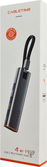 Cabletime CT-HUBP4 USB-Hub 4 Anschlüsse USB 3.0 mit USB-C Verbindung Grau