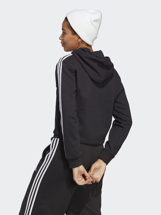 Adidas Essentials 3-Stripes Cropped Γυναικείο Φούτερ με Κουκούλα Μαύρο