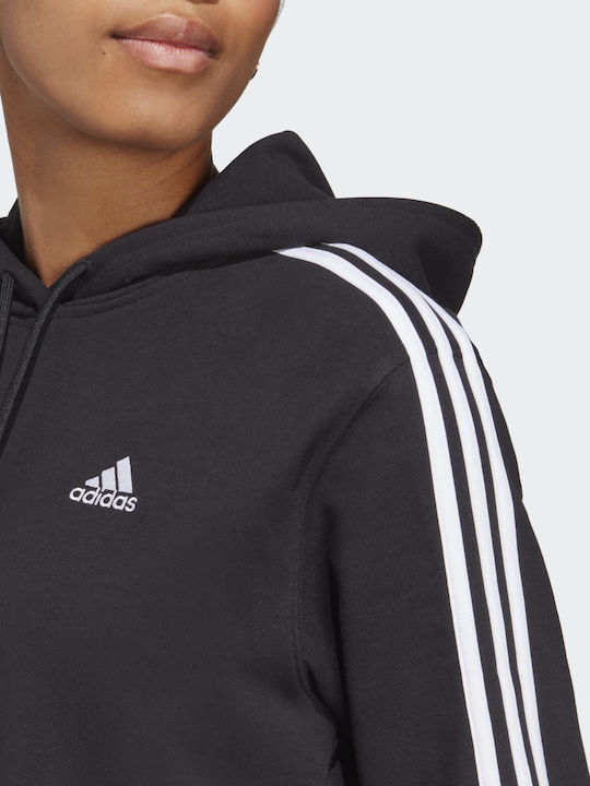 Essentials 3-Stripes Cropped Γυναικείο Φούτερ με Κουκούλα Μαύρο