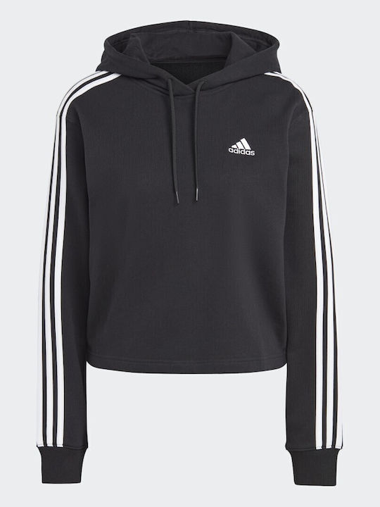 Essentials 3-Stripes Cropped Γυναικείο Φούτερ με Κουκούλα Μαύρο