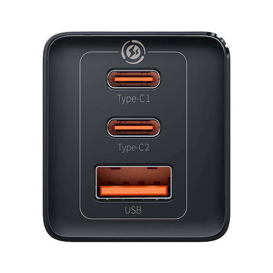 Baseus GaN Charger with USB-A Port and 2 USB-C Ports and USB-C - USB-C Cable 65W Quick Charge 3.0 Black (Gan5)