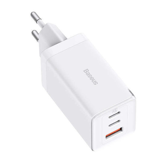 Baseus GaN Charger with USB-A Port and 2 USB-C Ports and USB-C - USB-C Cable 65W Quick Charge 3.0 White (Gan5)