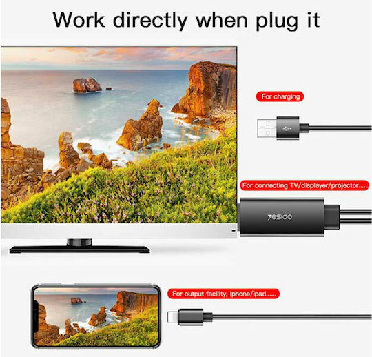 Yesido HM04 Kabel HDMI-Stecker - Blitzschlag männlich / USB-A-Stecker 1.8m Schwarz