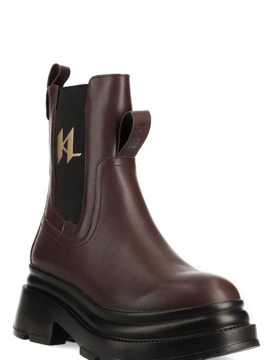 Karl Lagerfeld Leather Women's Chelsea Boots with Medium Heel Brown