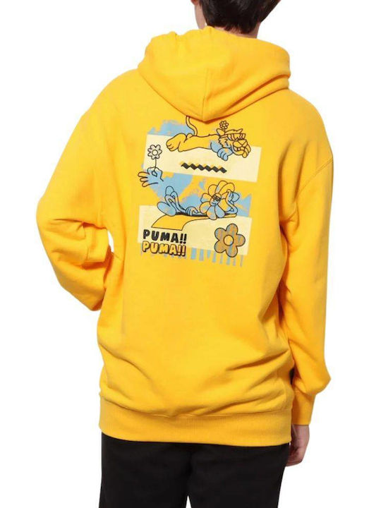 Puma Downtown Graphic Herren Sweatshirt mit Kapuze und Taschen Gelb