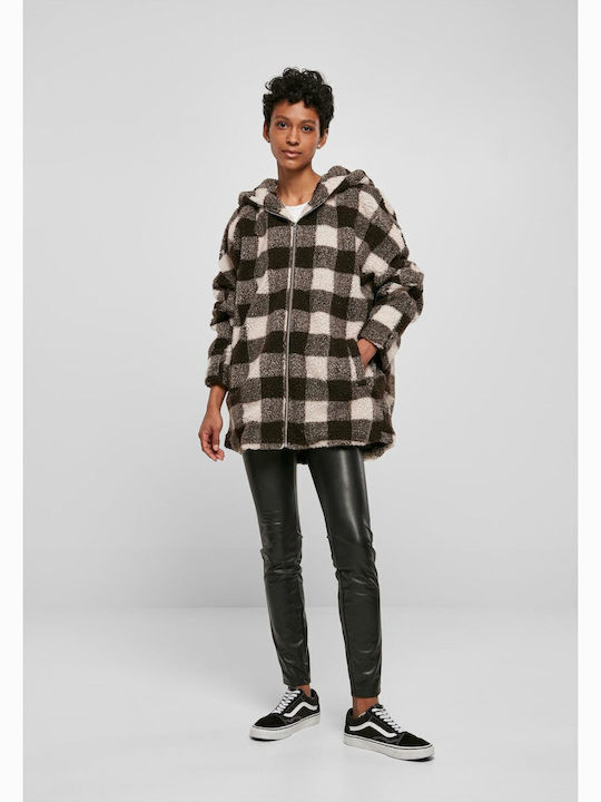 Sherpa Women's Checked Pink/Brown Coat Oversized with hood