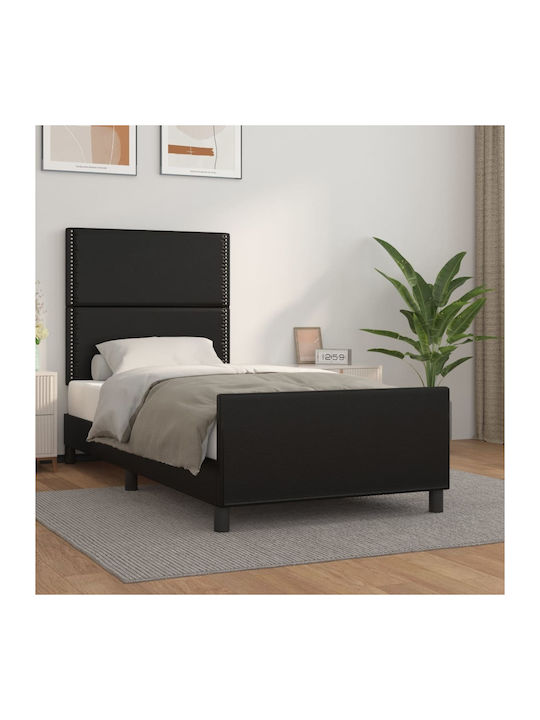 Κρεβάτι Μονό Επενδυμένο με Δερματίνη Μαύρο με Τάβλες για Στρώμα 90x190cm