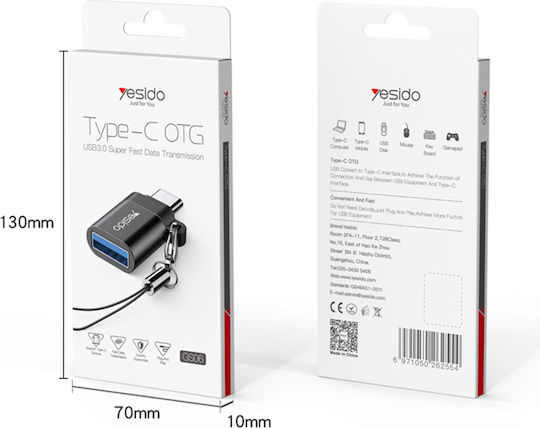 Yesido GS06 Конвертор USB-C мъжки към USB-A женски Черен 1бр