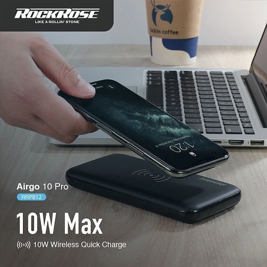 Rockrose Airgo 10 Pro Power Bank 10000mAh 18W cu 2 Porturi USB-A și Port USB-C Livrarea energiei / Quick Charge 3.0 Negru