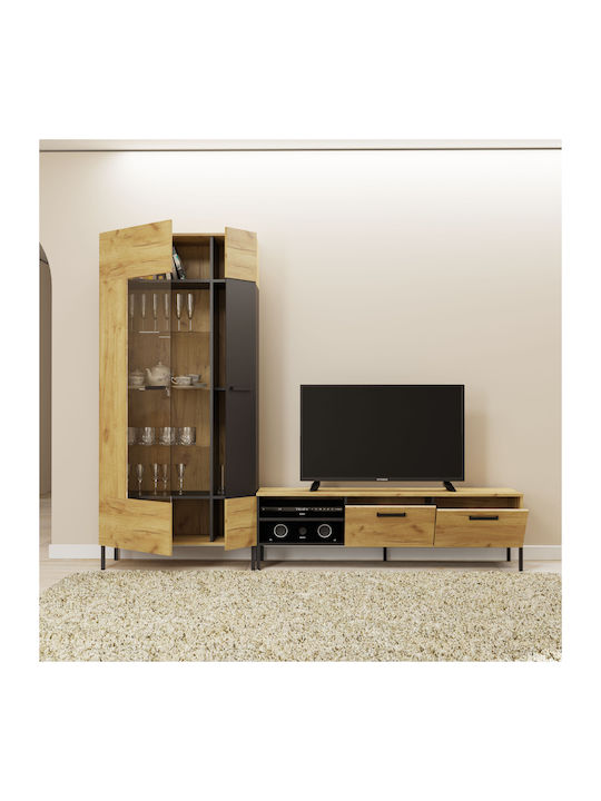 Santes Wohnzimmer Vitrine aus Spanplatte mit Verglasung Gold Eiche / Graphit 90x42x197.5cm