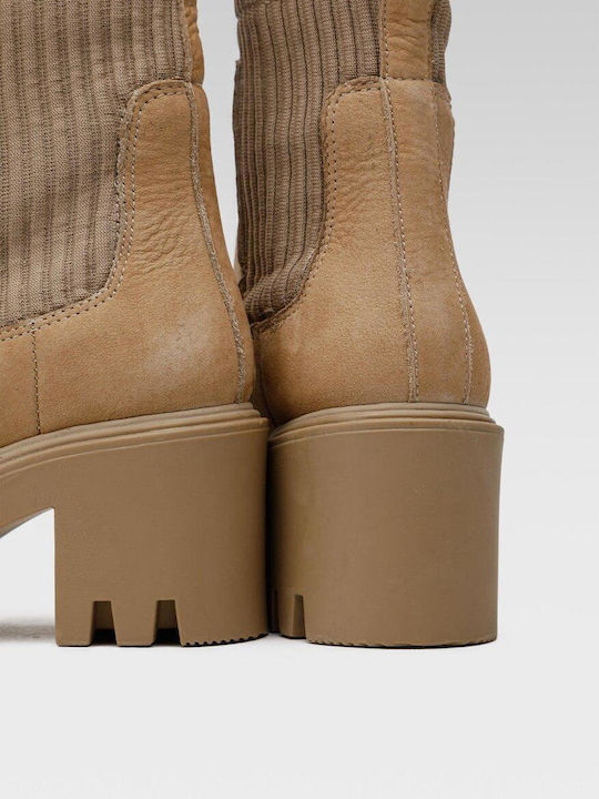 Leder Damen Chelsea-Stiefel mit Mittelhohem Absatz Beige