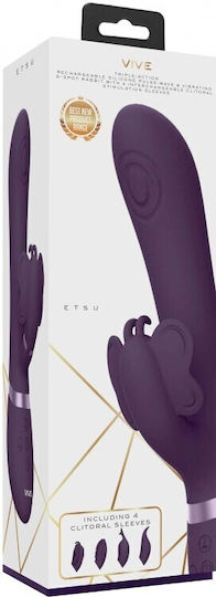 Vive Triple Action Δονητής Rabbit Rechargeable Silicone Pulse-wave & Vibrating G-spot Rabbit with Interchangeable Clitoral Stimulation Sleeves 22.3cm Purple