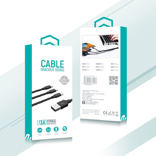 Devia Gracious Series 3 in 1 Regular USB to Lightning / Type-C / micro USB Cable 3A Μαύρο 1.2m 337086