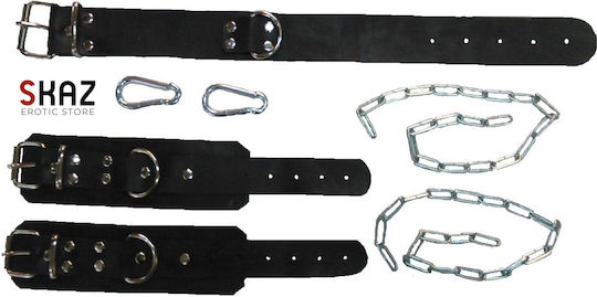 Neck & Limb Restraint Set Leather Set with Collar, Chain & Handcuffs