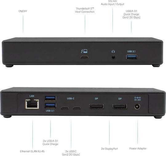 i-tec Thunderbolt 3 / USB-A Docking Station με 4K PD Ethernet Μαύρο (TB3CDUALDPDOCKPD)