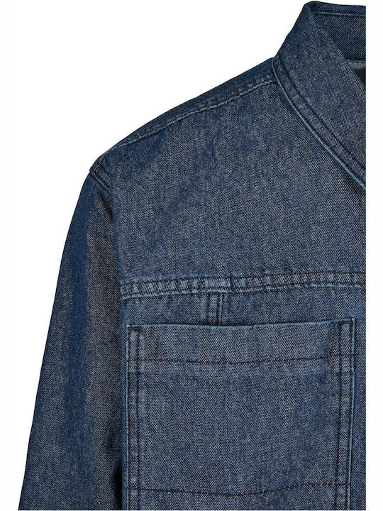 Long Sleeve Denim Overshirt in Wide Line Dark Blue Washed