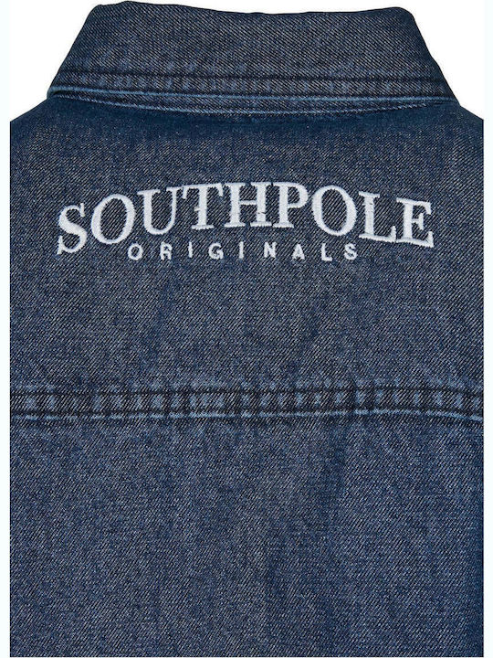 Long Sleeve Denim Overshirt in Wide Line Dark Blue Washed