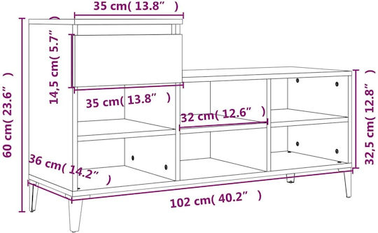 Suport pentru pantofi cu 6 Rafturi Oak L102xW36xH60cm