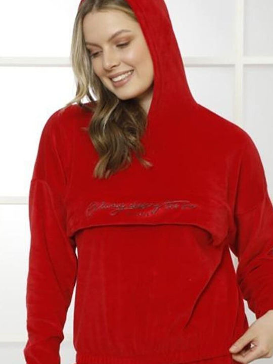 SNC Women's Christmas Velvet Pajama Solid Color with Hood and Front Pocket Red