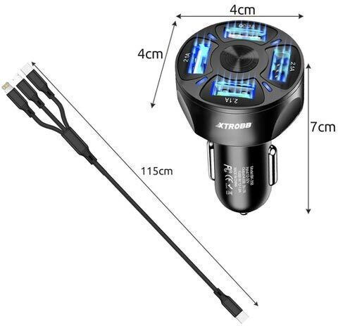 Xtrobb Auto-Ladegerät mit Anschlüssen: 4xUSB mit Kabel Blitzschlag / Mikro-USB / Typ-C,TC-TC Schwarz Farbe