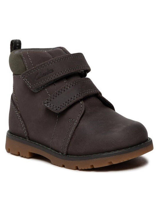 Clarks Heath Kids Leather Boots with Hoop & Loop Closure Gray