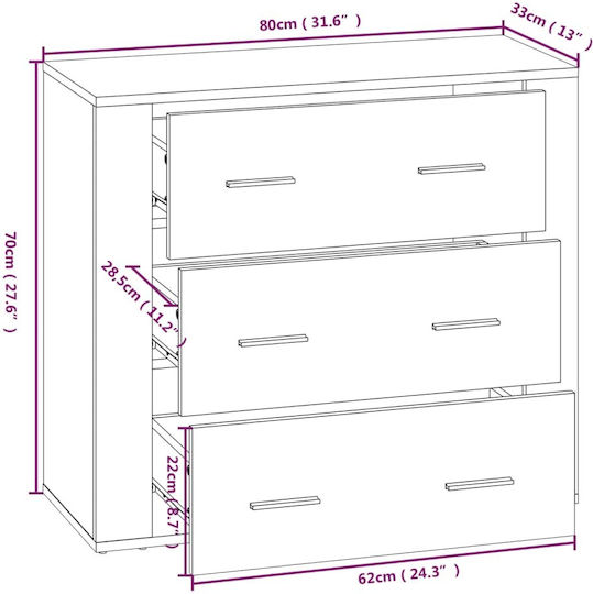 Comodă Dormitor Din Lemn Cu 3 Sertare Gri Beton 80x33x70cm