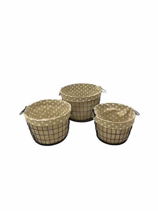 SET OF 3 PIECES METAL BASKETS WITH WHITE ECRU FABRIC