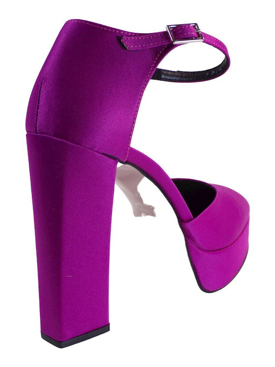 Satin Pumps mit Riemchen & Chunky Hoher Absatz Lila